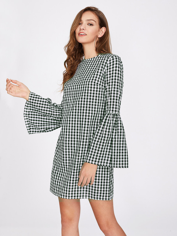 Fifth Avenue Women's Gingham Fluted Sleeve Dress - Green and White