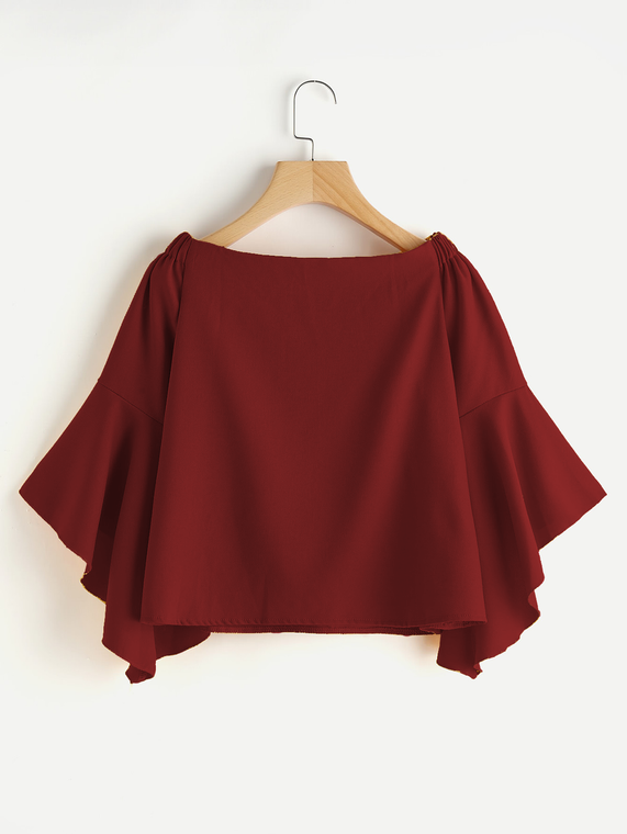 Fifth Avenue Silky Exaggerated Sleeve Off Shoulder Top - Maroon