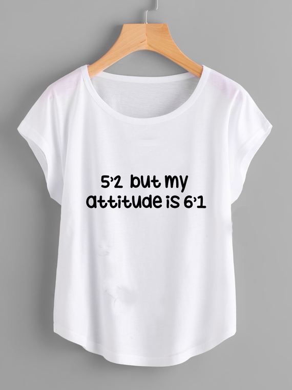 Fifth Avenue Women's Dolman 5'2 Attitude Is 6'1 Printed T-Shirt - White