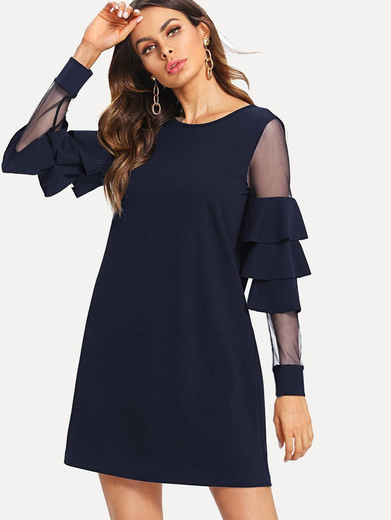 Fifth Avenue Women's TREZ Mesh Tiered Sleeves Tunic Dress - Navy Blue