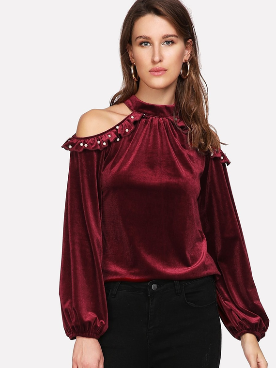 Fifth Avenue Women's VVA1 Velvet Cold Shoulder Blouse - Maroon