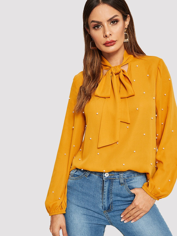 Fifth Avenue Women's UVA85 Beaded Tie Neck Shirt - Yellow