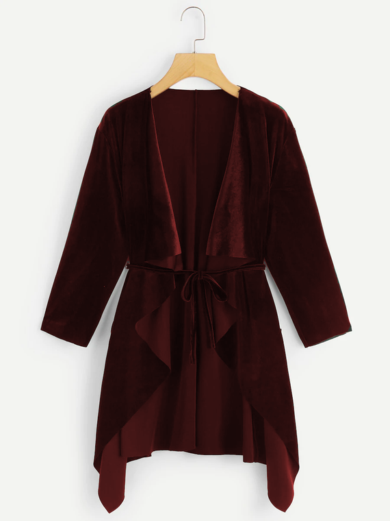 Fifth Avenue Women's VNNV Velvet Waterfall Front Self Tie Kimono - Maroon