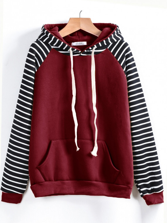 Fifth Avenue LNA373 Striped Fleece Color Block Hoodie - Maroon