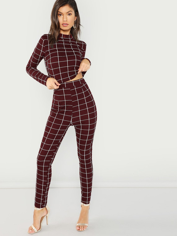 Fifth Avenue Women's Grid Print Top and Pants 2 Piece Set TPS15 - Maroon