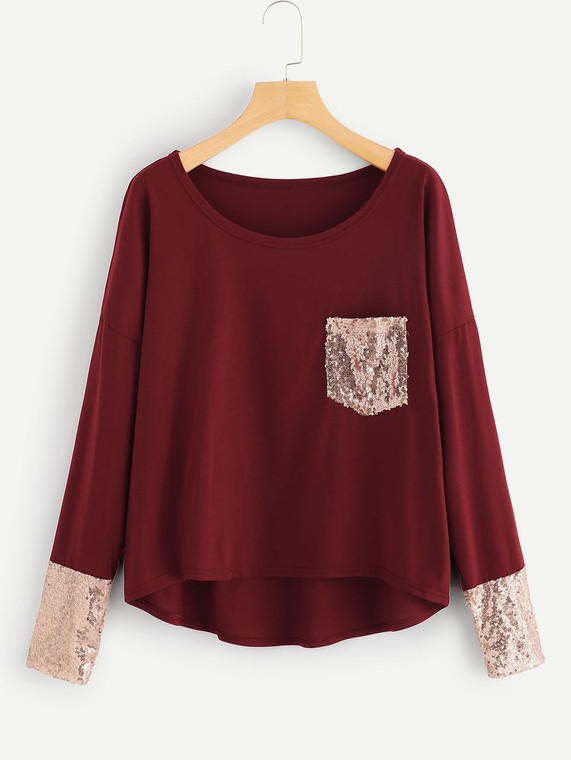 Fifth Avenue Women's Full Sleeve Dip Hem Seuqin Cuff  and Pocket TSA3 T-Shirt - Maroon