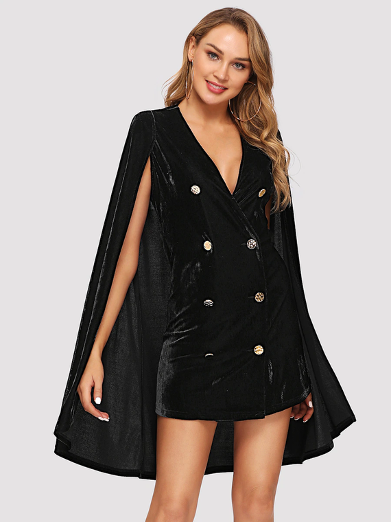 Fifth Avenue Women's RAPT22 Double Breasted Velvet Cape Coat - Black