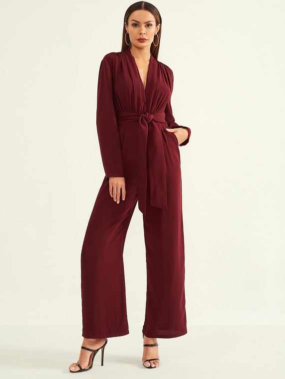 Fifth Avenue Women's Front Tie JMS23 Jumpsuit - Maroon