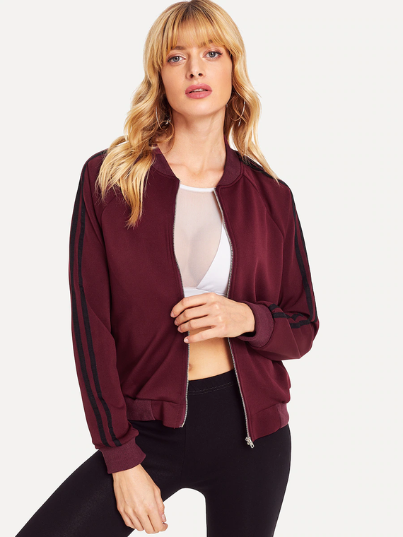 Fifth Avenue LNA1040 Women's Sleeve Striped Tape Bomber Jacket - Maroon
