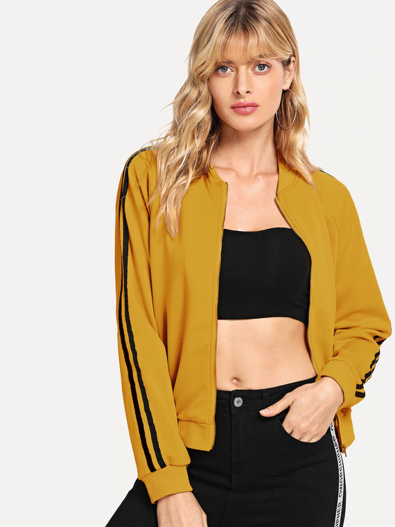 Fifth Avenue LNA1040 Women's Sleeve Striped Tape Bomber Jacket - Mustard