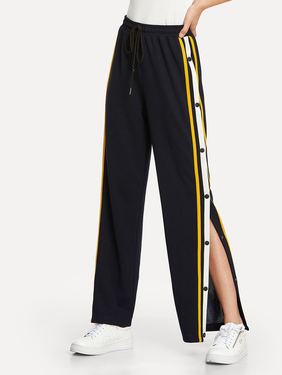Women's HJ201 Snap Button Contrast Striped Track Pants by Fifth Avenue - Black and Yellow