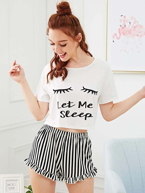 Fifth Avenue Women's NSS39 Let Me Sleep Print Tshirt and Striped Shorts Cotton Set - White