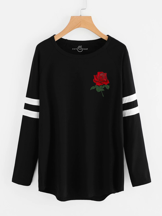 Fifth Avenue Women's NAZA Full Sleeves NOVAN Rose Pocket Printed T-Shirt - Black