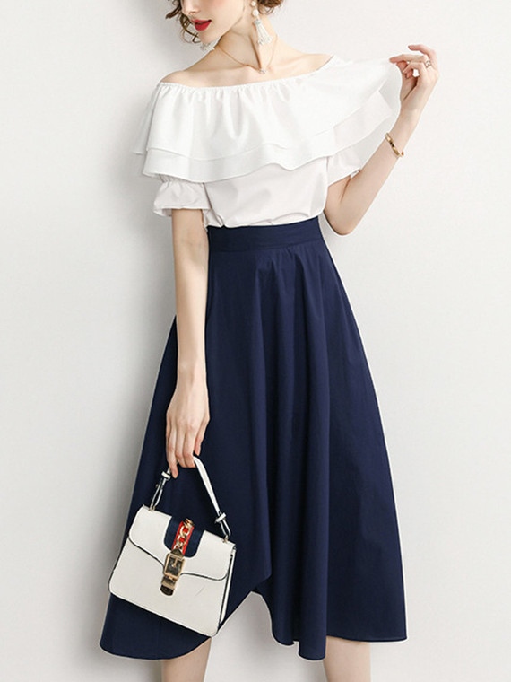 Fifth Avenue Off Shoulder Top and Skirt 2 Piece Set TPS116 - Navy Blue and White