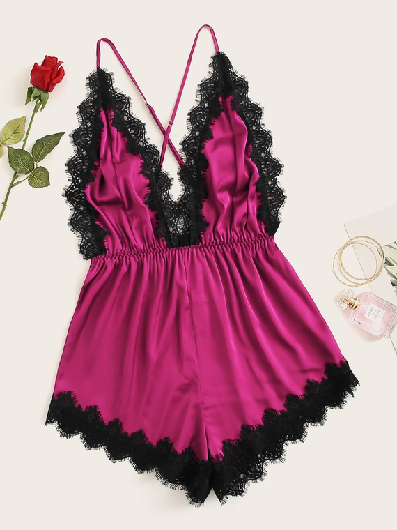 Fifth Avenue Women's NSS64 Lace Trim Romper - Pink