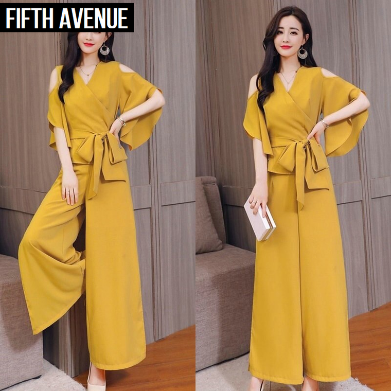 Fifth Avenue Cold Shoulder Top and Pants 2 Piece Set TPS122 - Yellow