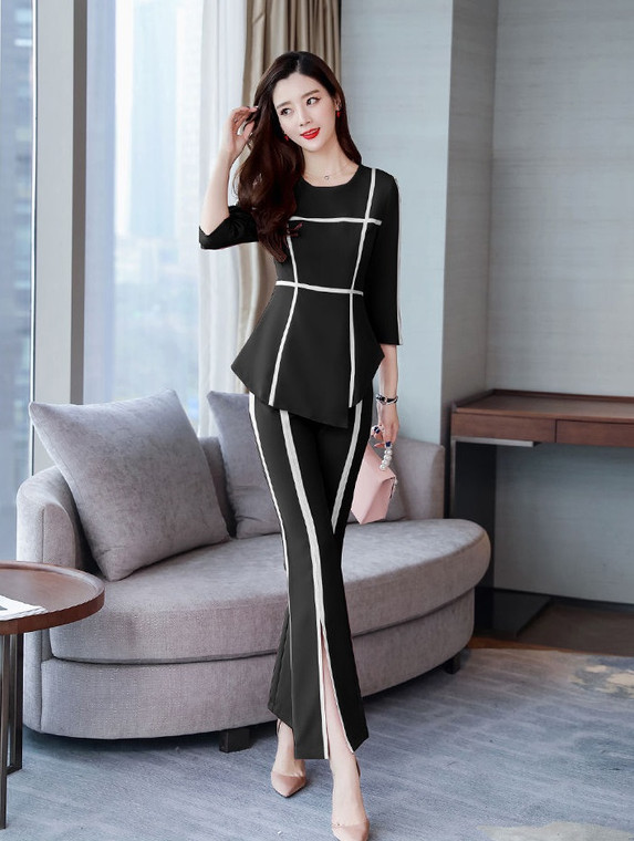 Fifth Avenue Women's TPS180 Striped Work Top and Pants 2 Piece Co-Ord Sets - Black