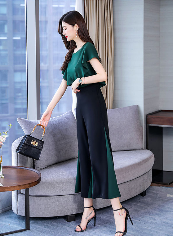 Fifth Avenue Color Block Top and Panel Pants 2 Piece Set TPS179 - Black and Green