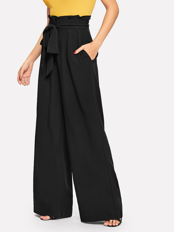 Fifth Avenue Georgette GTTWP17 Self Belted Extra Wide Leg Pants - Black