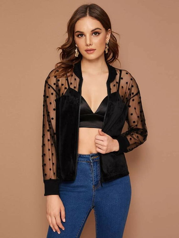 Fifth Avenue Velvet Zip Up Dot Net Mesh Bomber Jacket LNA2037 - Black