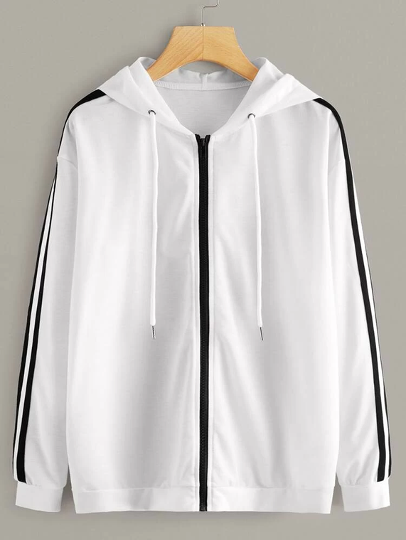 Fifth Avenue Fleece Sleeve Striped Zip Up Hooded Jacket LNA2039 - White