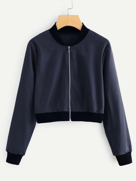 Fifth Avenue Fleece Cropped Zip Up Bomber Jacket LNA2050 - Blue and Black