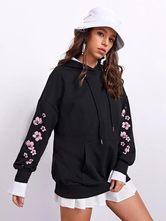 Fifth Avenue DIFT22 Floral Sleeve Print Hoodie - Black