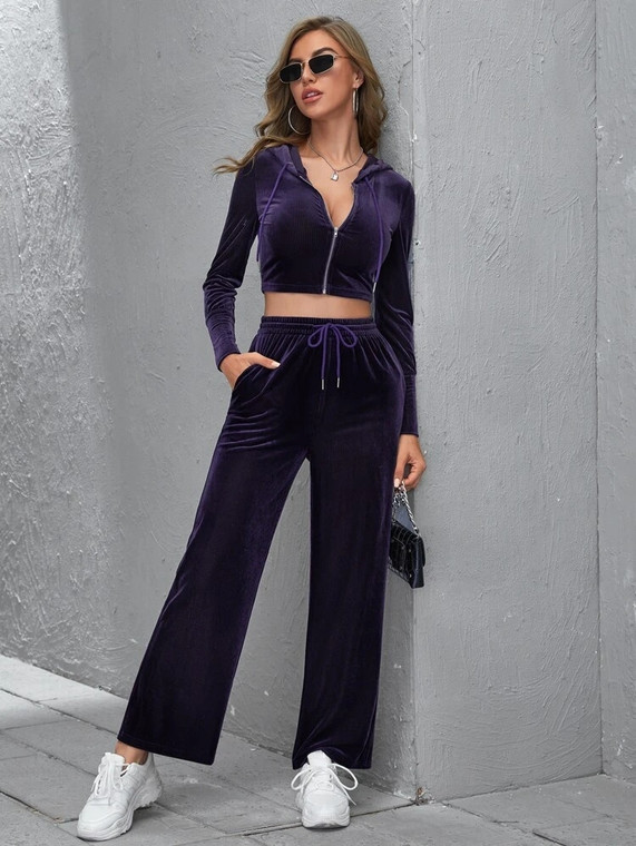 Fifth Avenue Womens Velvet Jacket and Jogger Pants Co- Ord Set FAVELC3 - Purple