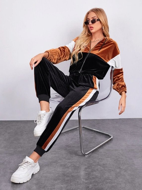 Fifth Avenue Womens Color Block Velvet Jacket and Jogger Pants Co- Ord Set FAVELC9 - BB