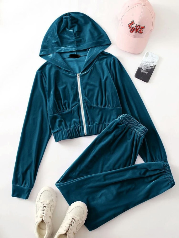 Fifth Avenue Womens Zip Up Velvet Hoodie and Pants Co-Ord Set FAVELC13 - SB