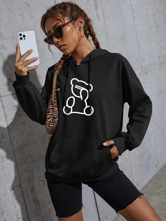 Fifth Avenue DIFT230 Bear Print Hoodie - Black