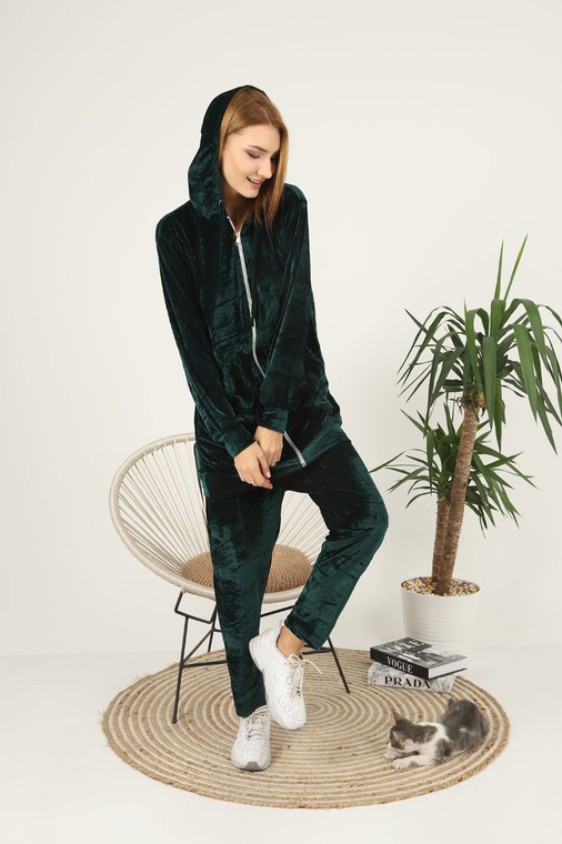 Fifth Avenue Womens Long Zip Velvet Hoodie and Pants Co-Ord Set FAVELC19 - Green