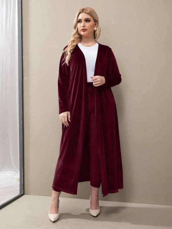 Fifth Avenue Women's Velvet Coat and Pants Co-Ord Set FAVELC24 - Maroon