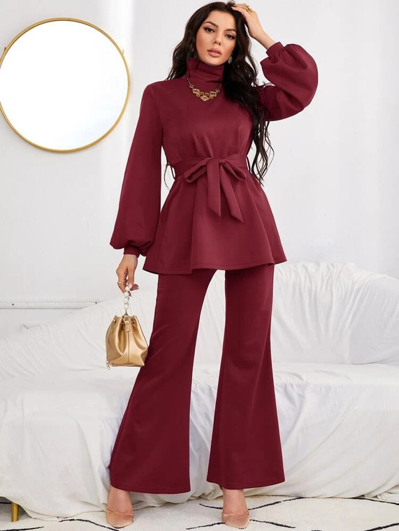 Fifth Avenue Women's Georgette High Neck Top and Pants Set - FAWGTPS7