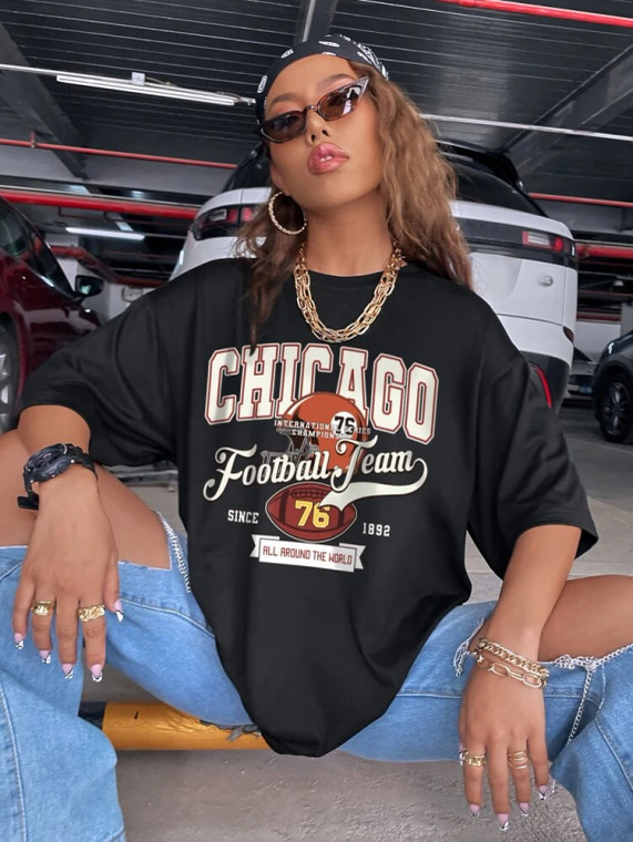 Fifth Avenue DIFT469 Oversized Chicago Printed T-Shirt - Black