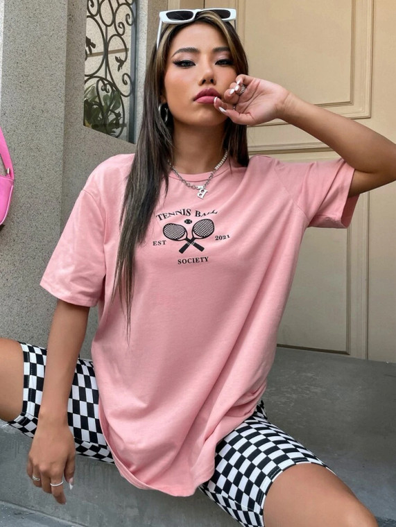 Fifth Avenue DIFT531 Oversized Tennis Printed T-Shirt - Pink