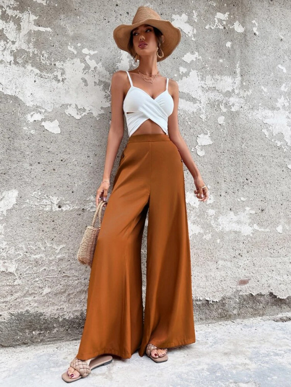 Fifth Avenue Women's Button Detail Wide Leg Pants FAWLP27