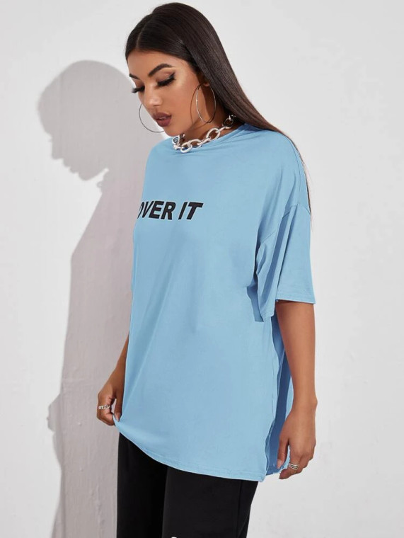 Fifth Avenue DIFT551 Over It Printed Oversized T-Shirt - Light Blue