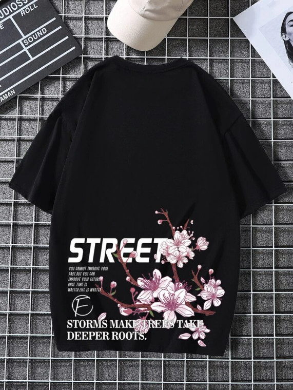 Fifth Avenue Back Floral Text Printed MIFT90 T-Shirt - Black