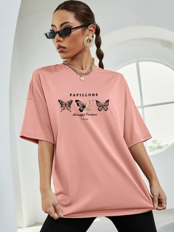 Fifth Avenue DIFT560 Butterflies Printed Oversized T-Shirt - Pink