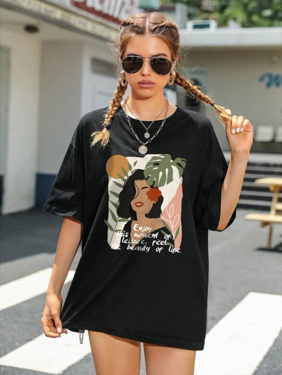 Fifth Avenue DIFT563 Figure Printed Oversized T-Shirt - Black