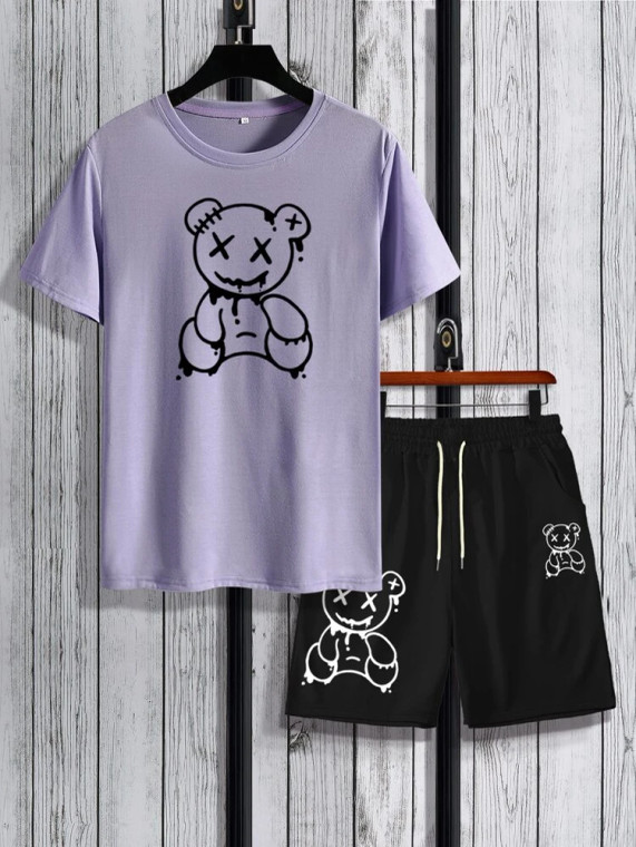 Mens Summer Printed Co Ord Set by Fifth Avenue MSFACSS11 - Purple Black