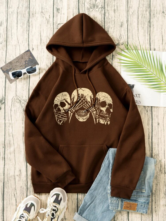 Fifth Avenue DIFT719 Skull Print Hoodie - Brown