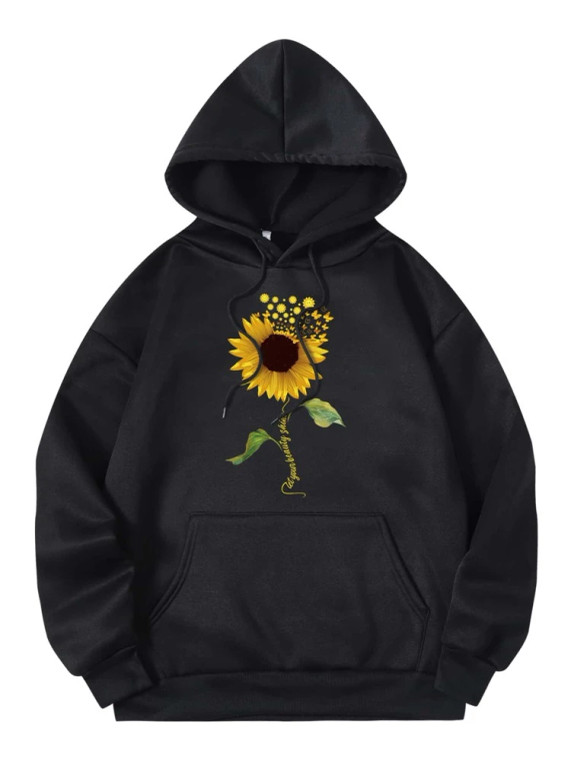 Fifth Avenue DIFT737 Sunflower Print Hoodie - Black