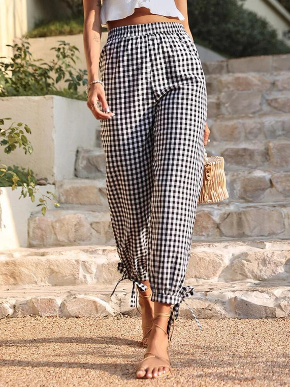 Fifth Avenue Women's Elastic Waist Gingham Print Detail Pants FAWLP90