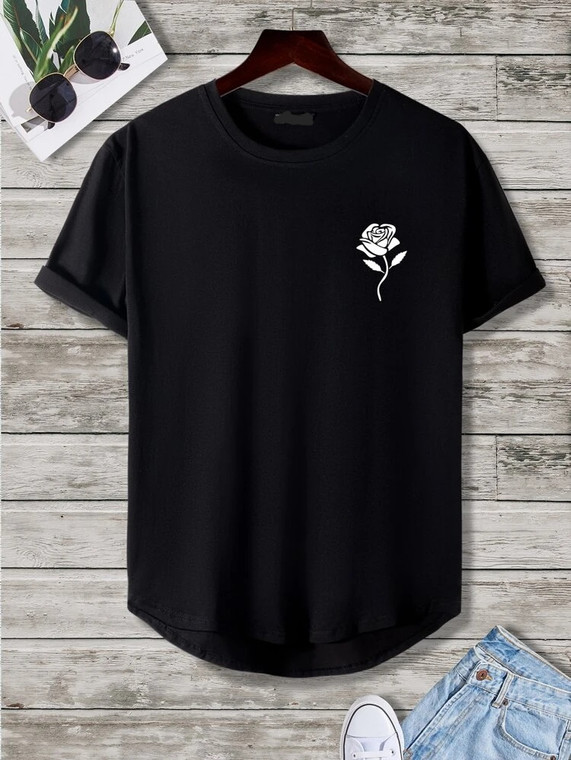 Fifth Avenue Floral Pocket Printed MIFT350 AOKI Dip Hem T-Shirt - Black