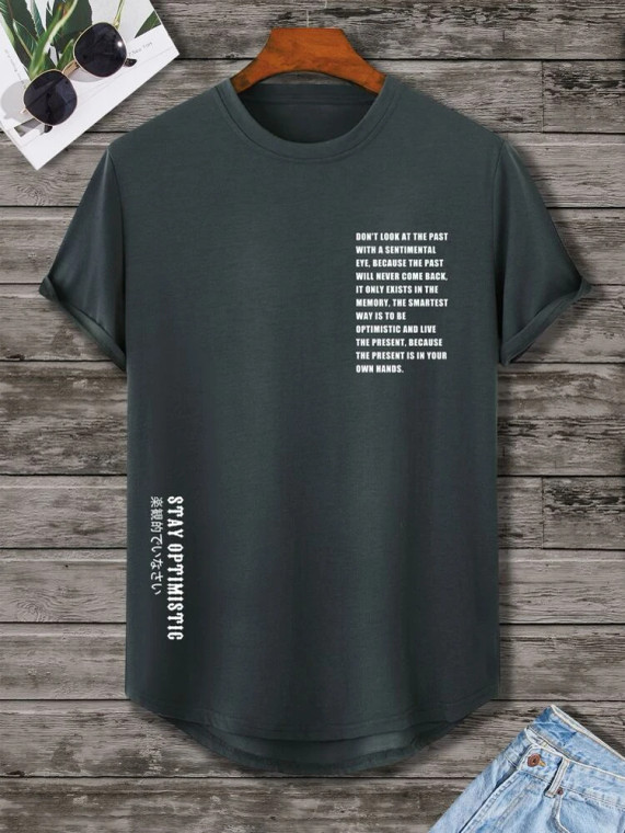Fifth Avenue Text Printed MIFT351 AOKI Dip Hem T-Shirt - Charcoal