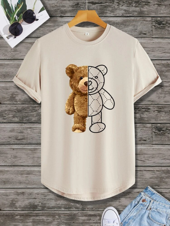 Fifth Avenue Half Bear Printed MIFT383 AOKI Dip Hem T-Shirt - Cream