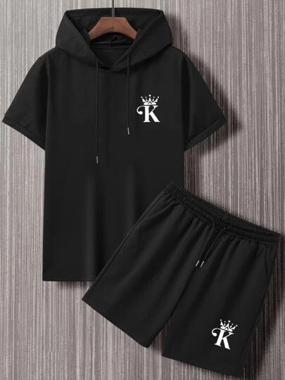 Mens Summer Printed Hooded T-Shirt Co Ord Set by Fifth Avenue MSFACSS44 - Black Black