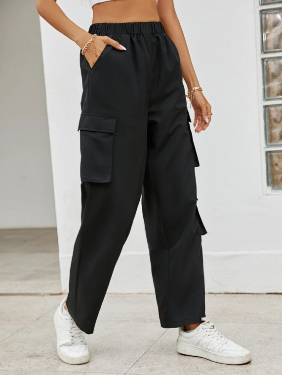 Fifth Avenue Women's Elastic Waist Pocket Detail Wide Leg Pants FAWLP116